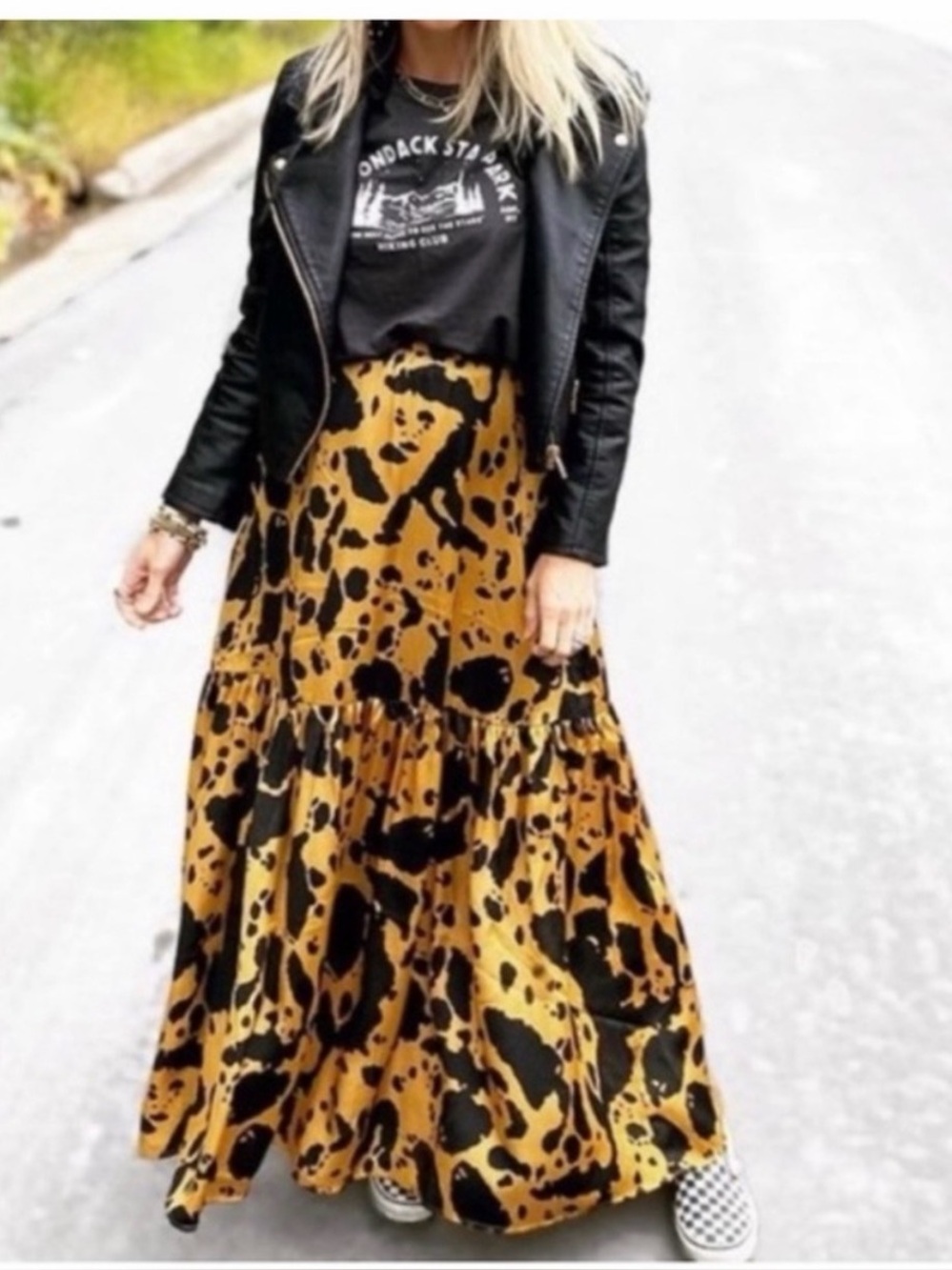 Anthropologie Black and Mustard Tiered Maxi Skirt